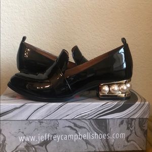 Jeffrey Campbell Black Patent Gold Heel Zach Pearl